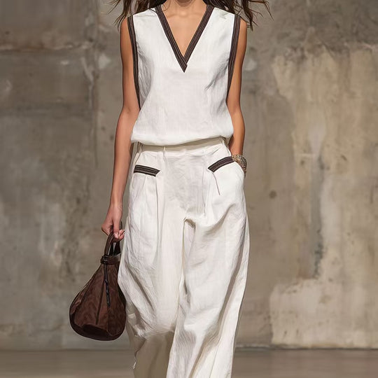 Women's linen-look tank and wide-leg trousers set by Yeha Maison with contrast trim and V-neck design, perfect for casual wear