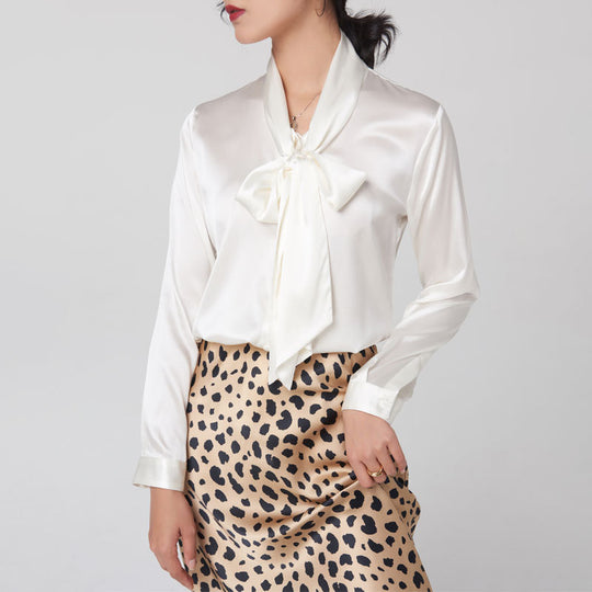 Women's Mulberry Silk V-Neck Bow Blouse by Yeha Maison, showcasing a elegant silk top with a V-neck and bow detail.