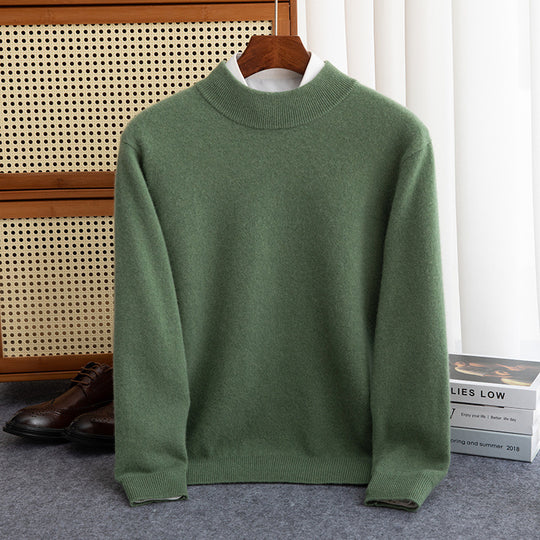 Men's Yeha Maison wool mock neck sweater displayed on a hanger, showcasing its dark color and cozy knit texture.