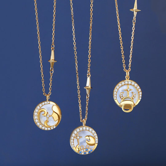 Sterling silver women's zodiac constellation necklace with delicate star and moon design, Yeha Maison jewelry.